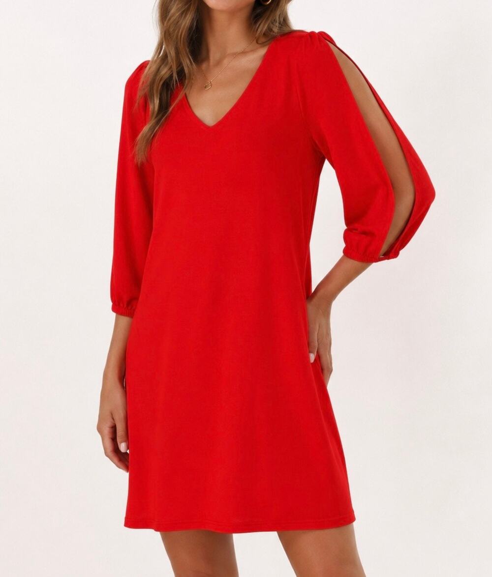 My Beloved Vibrant Red V-Neck Shift Dress with Balloon Sleeves Size Small